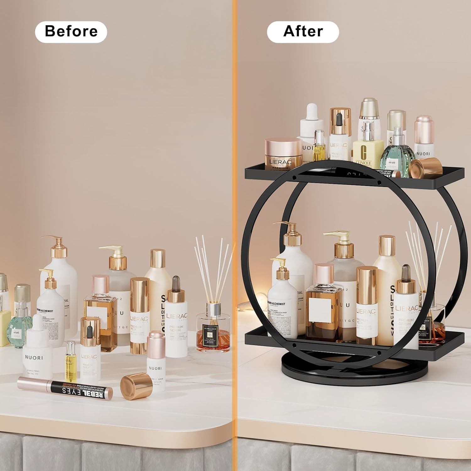 2 Tier Perfume Organizer for Dresser 360 Rotating, Large Capacity Bathroom Counter Organizer Cosmetic Skincare Storage Countertop Holder for Bedroom Kitchen(Black-Black)