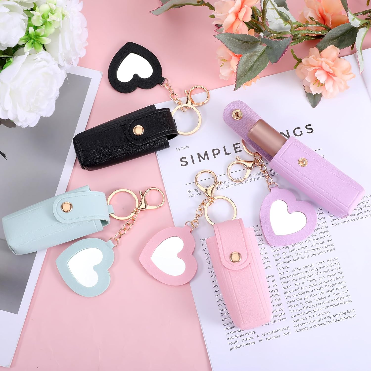 4 PCS PU Leather Lip Gloss Keychain, Lipstick Holder Key Chain with Mirror Portable Lipstick Holder Lip Balm Organizer Holders Keychains Lipgloss Keychain Travel Makeup Storage Case for Women Girls