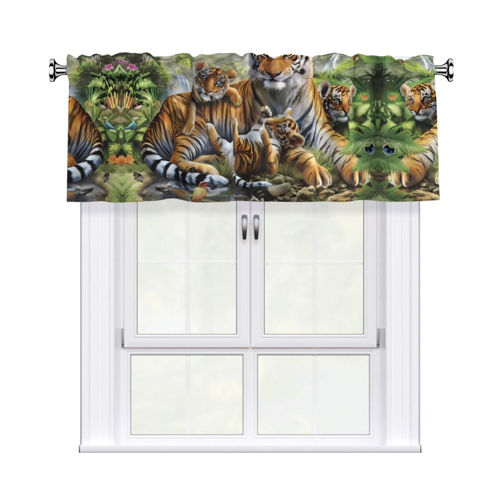 HJFCZH WHJSSF Jungle Tigers Cub Prints 54x18in Curtain Valance - Peach Skin Polyester Kitchen Cover with Light Filtering Floral & 3" Rod Pocket