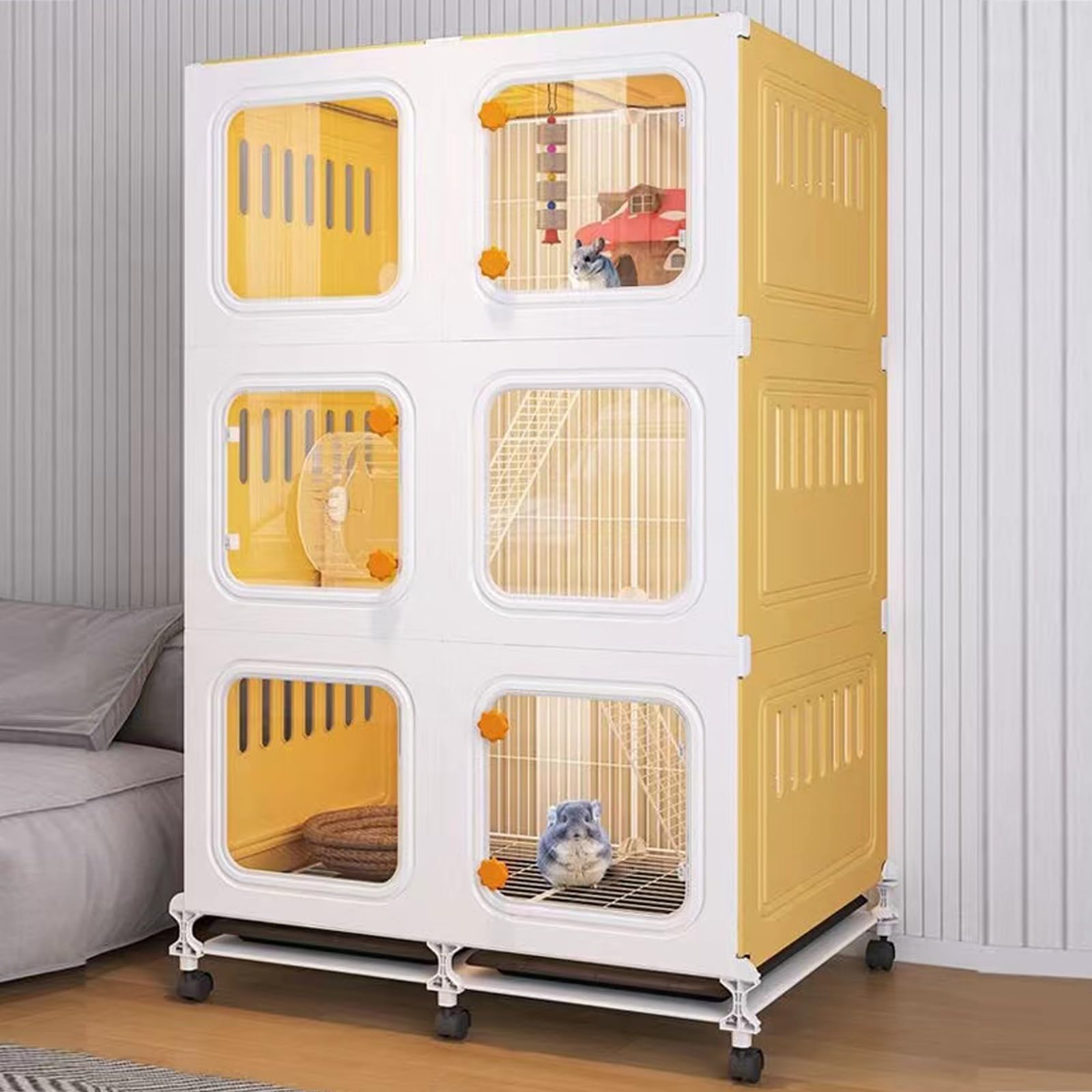 Rabbit Cage Indoor with Extra Large Pull-Out Tray, 360° Universal Wheel, Panoramic Transparent Design for Small Animals like Ferrets and Chinchillas