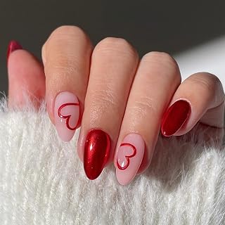 24 Stück Valentinstag Mandel Press On Nails, Rote Perlglanz & Glitzer Herz Design Falsche Nägel Zum Aufkleben, Soft Gel Nägel, Künstliche Nägel