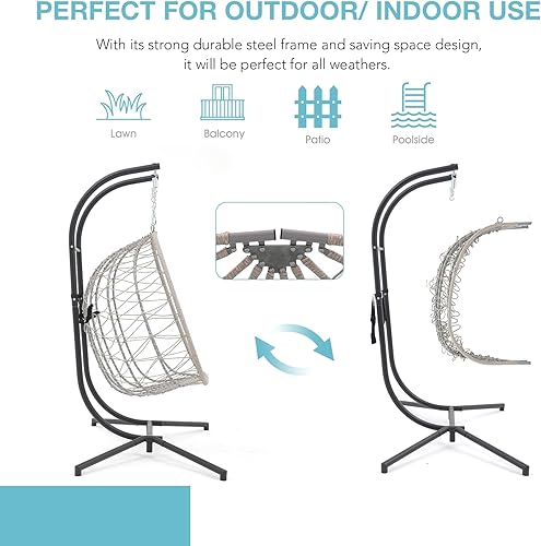 Miniatura 7 de Patiorama Silla columpio doble para 2 personas con soporte para interiores y exteriores, silla colgante de mimbre de mimbre con cojín, almohada,