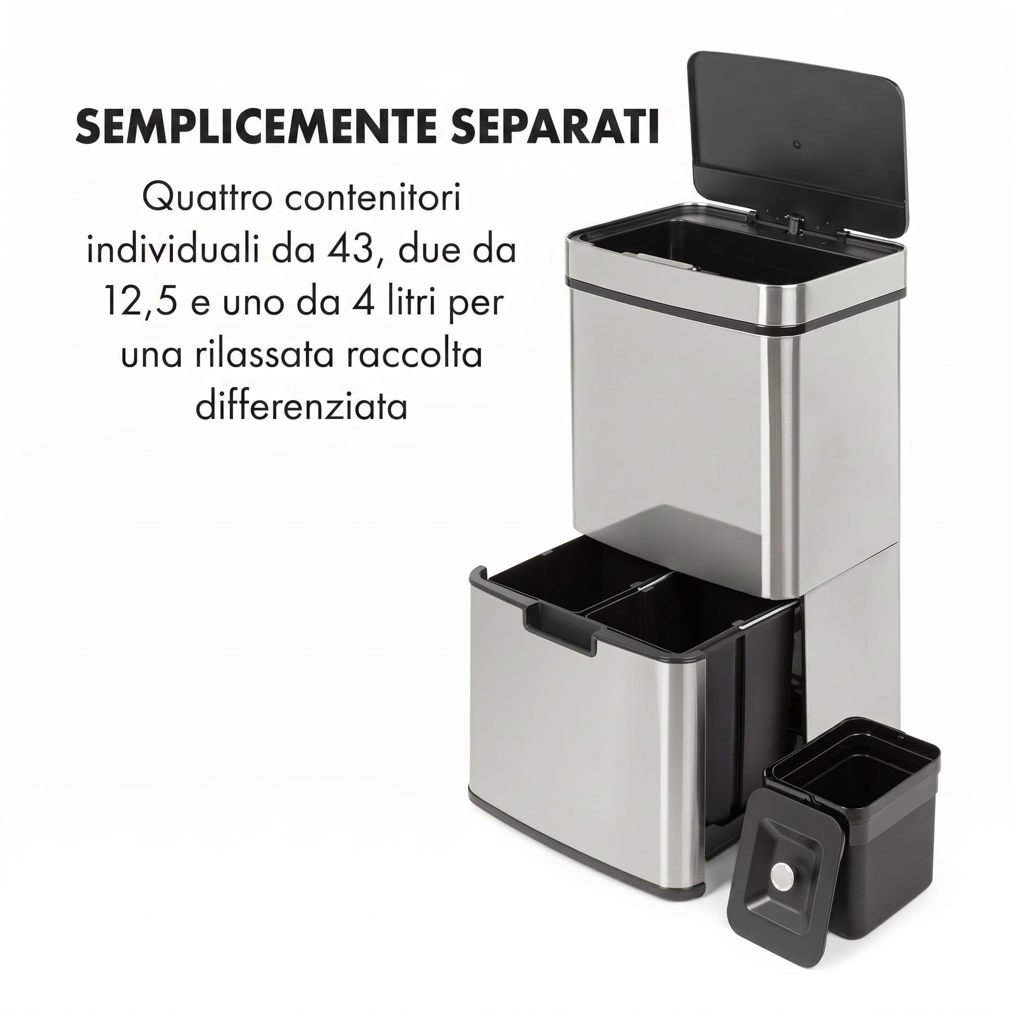 KLARSTEIN Touchless pattumiera a sensore, 72 litri in 4 contenitori: 43 & 2 x 12,5 litri, secchio bio con coperchio: 4 apertura e chiusura automatiche senza contatto, argento
