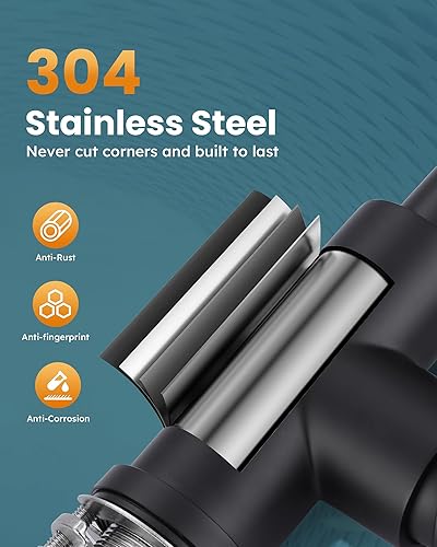 Miniatura 7 de WOWOW Grifo de cocina negro con dispensador de jabón, grifo de fregadero de cocina de acero inoxidable, grifo de cocina negro mate de una sola