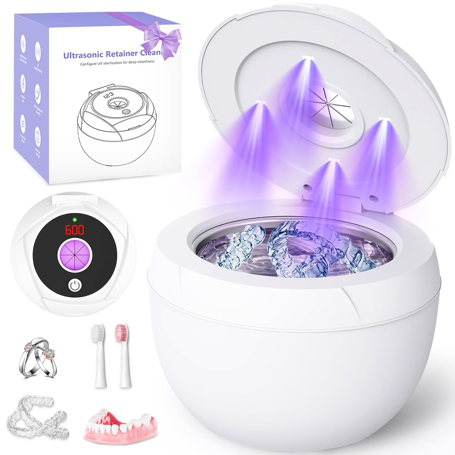 Ultrasonic Retainer Cleaner Machine 45khz Cleaning Pod for Denture Cleaner 200ml Mouth Guard, Aligner, Night Guard, Toothbrush, Jewelry, 4 Cleaning Modes Digital Timer, Gifts for Women, White