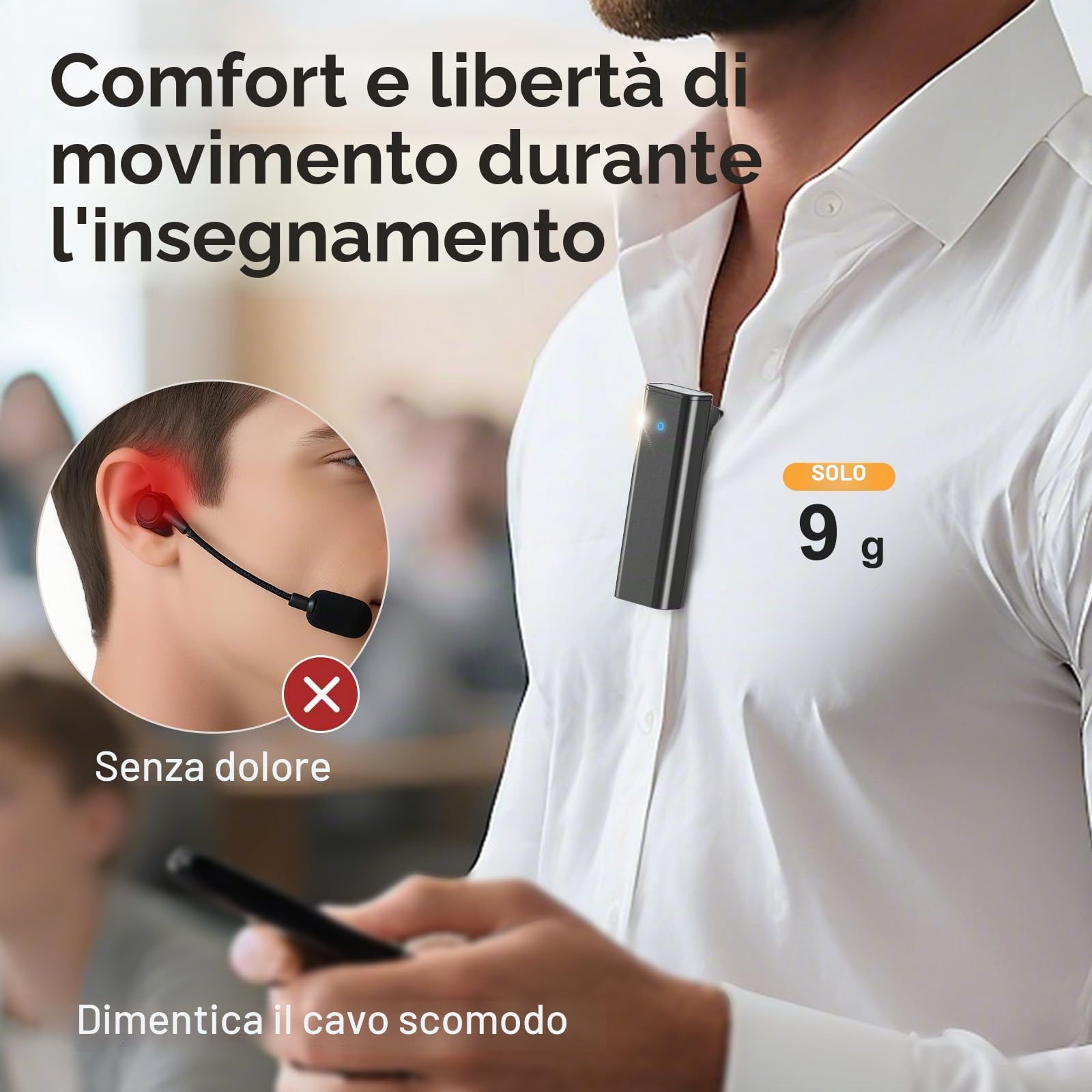 Amplificatore Vocale Wireless con Microfono Lavalier, Design Compatto con Ricarica e Custodia–Speaker Portatile per Insegnanti, Presentazioni,Allenamenti, Outdoor–Nero