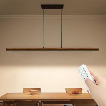 Ensenior 47" Wood Linear Pendant Light, 3CCT Dimmable LED Island Lights with Adjustable Height, Modern Linear Chandeliers for Dining Room, Kitchen Island, Bar and Pool Table-Round