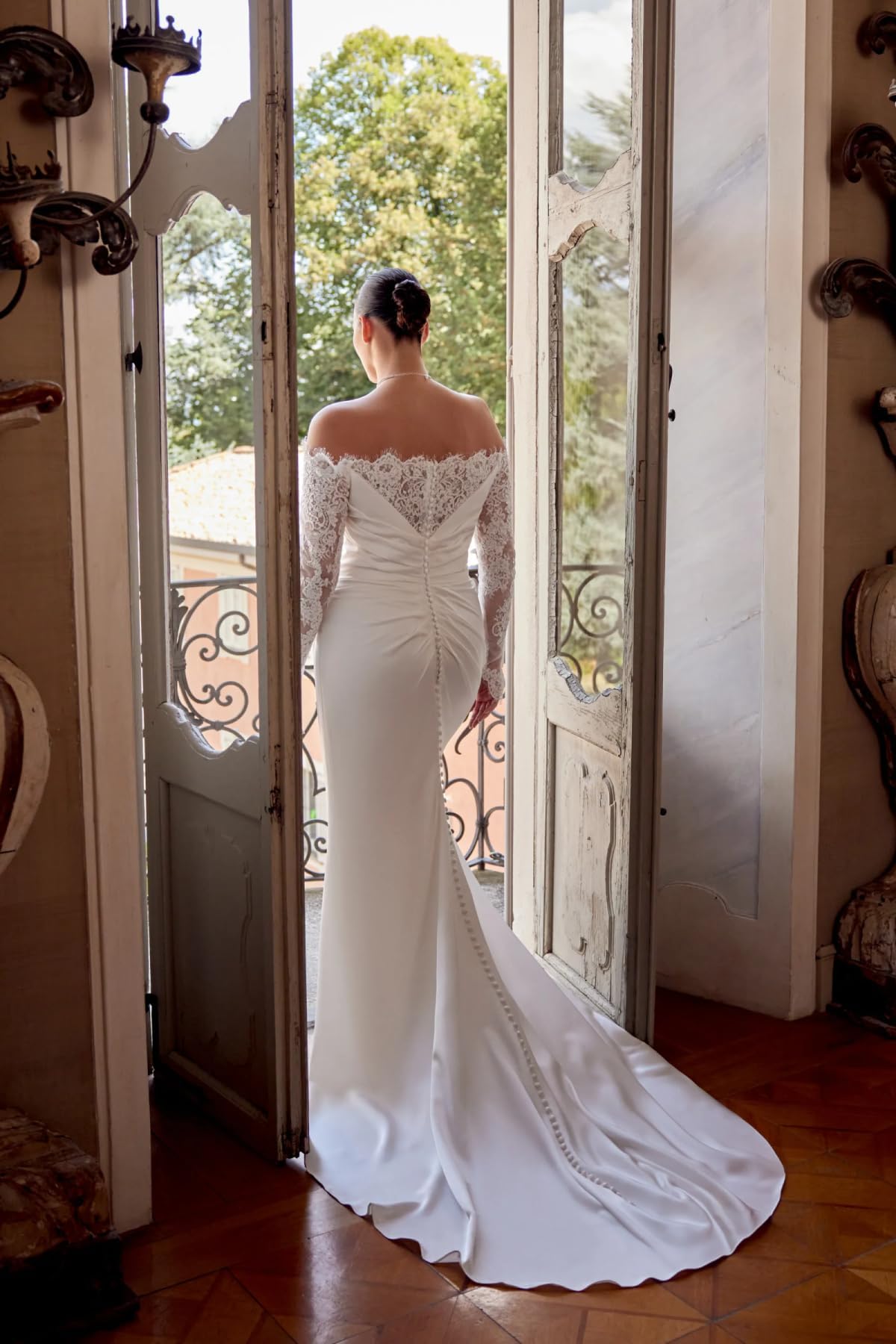 HUINI Spitzen Satin Brautkleid mit Schleppe Off-Shoulder Lange Ärmel Meerjungfrau Hochzeitskleid für Damen