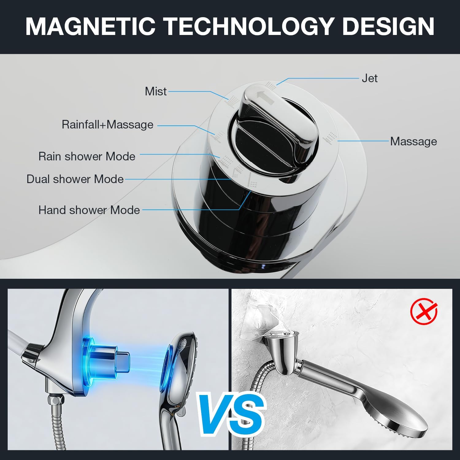 High Pressure Rain Shower Head with Handheld Spray Combo Fixed Showerhead Dual Shower Head Set 10 Sprays Detachable Hand Held Showerheads Built-in Magnetic System Chrome Polished
