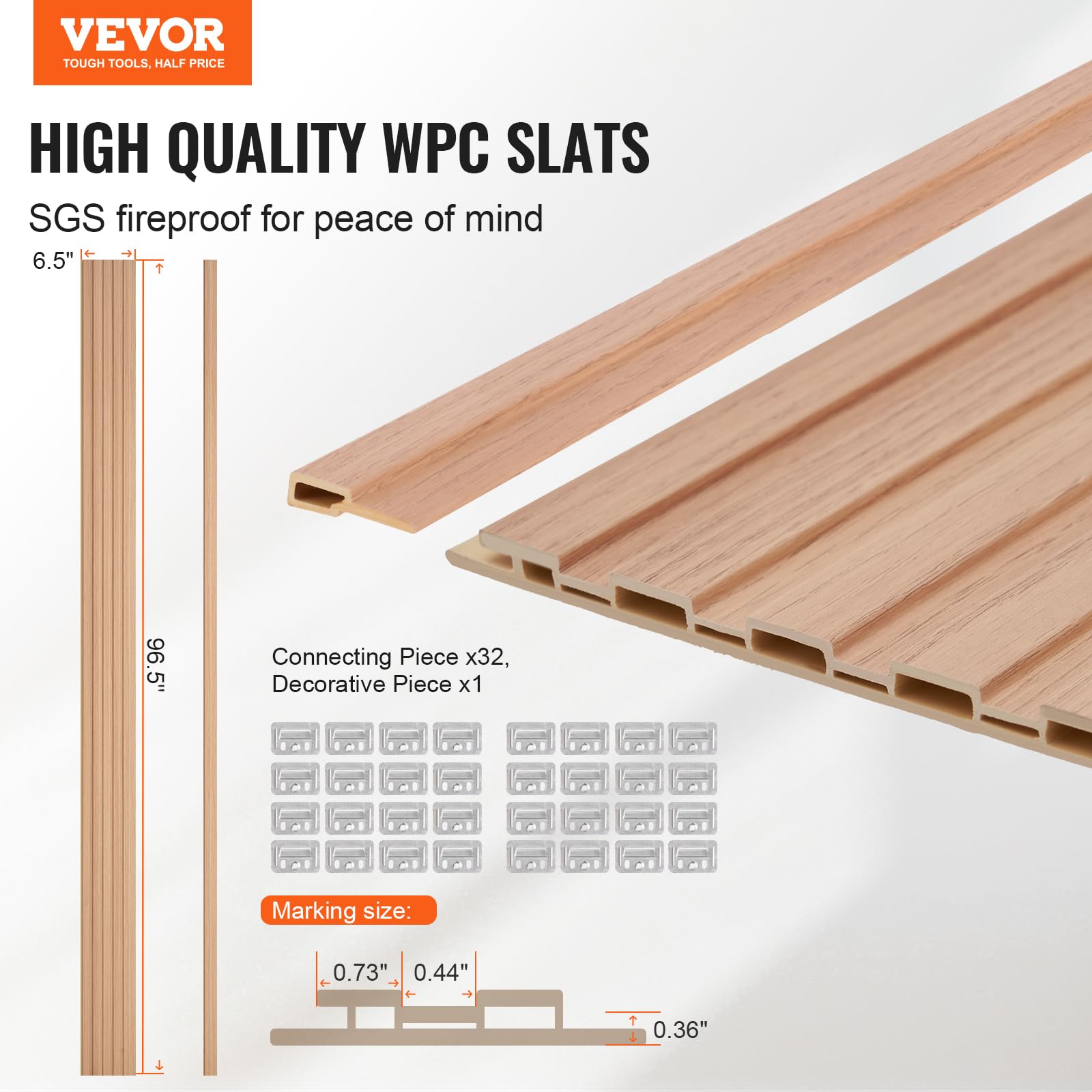 VEVOR Pannelli Acustici a Doghe in Legno di Frassino, 8 Pezzi Pannelli Parete in Legno WPC con Accento per Pareti, Pannelli da Parete Effetto Legno per Decorazioni e Ridurre Rumore 2450 x 166 x 9 mm