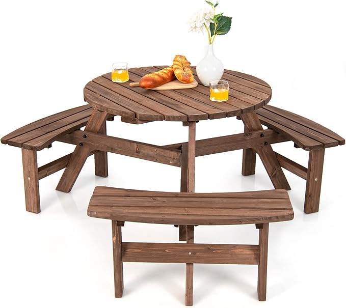 Tangkula 6 Person Wood Picnic Table, Outdoor Round Picnic Table with 3
