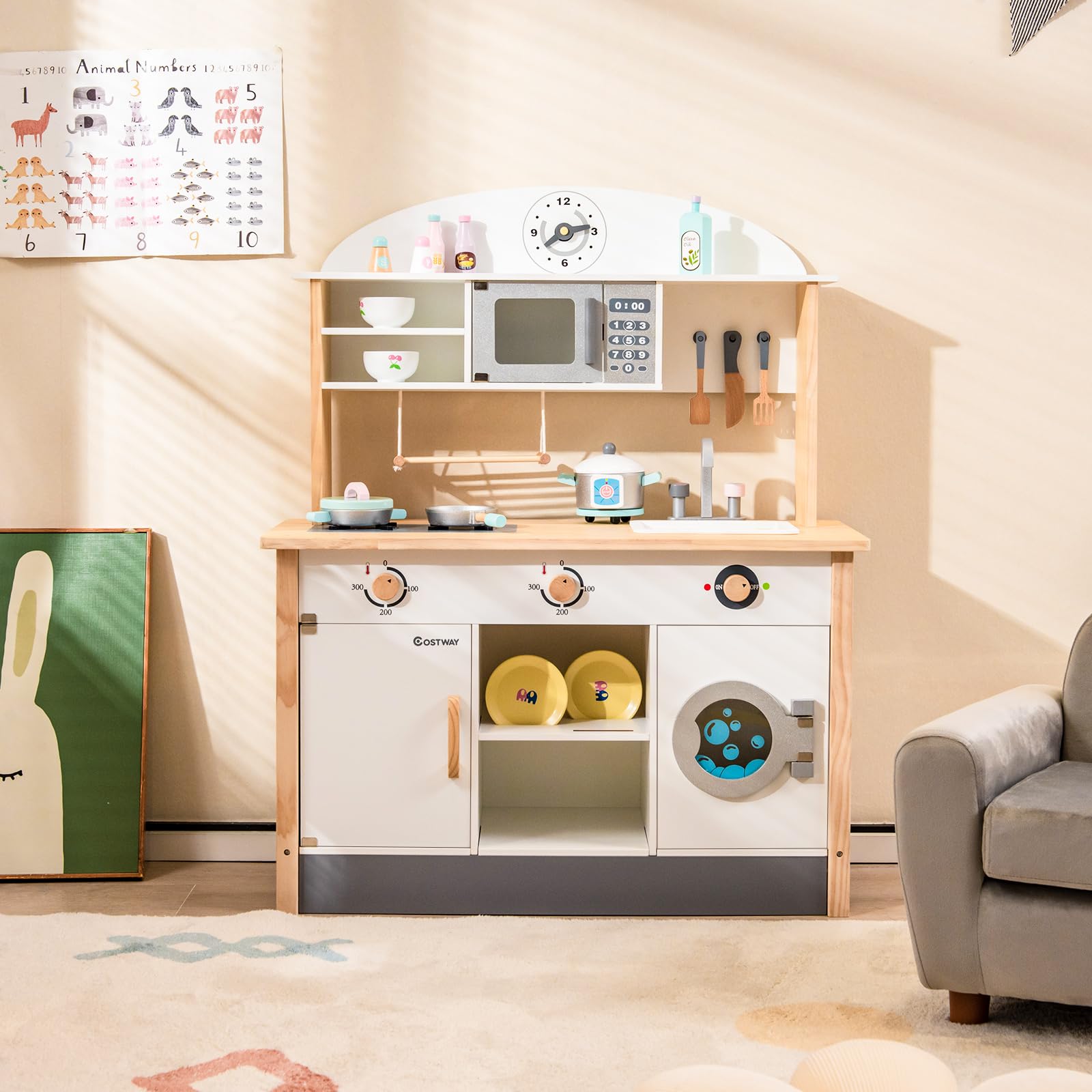 COSTWAY Kinderküche aus Holz, Spielküche inkl. 17 Zubehör, Spielzeugküche mit Mikrowelle, Waschmaschine, Waschbecker, Herde & Kochgeschirr, Holzküche für Kinder ab 3 Jahren