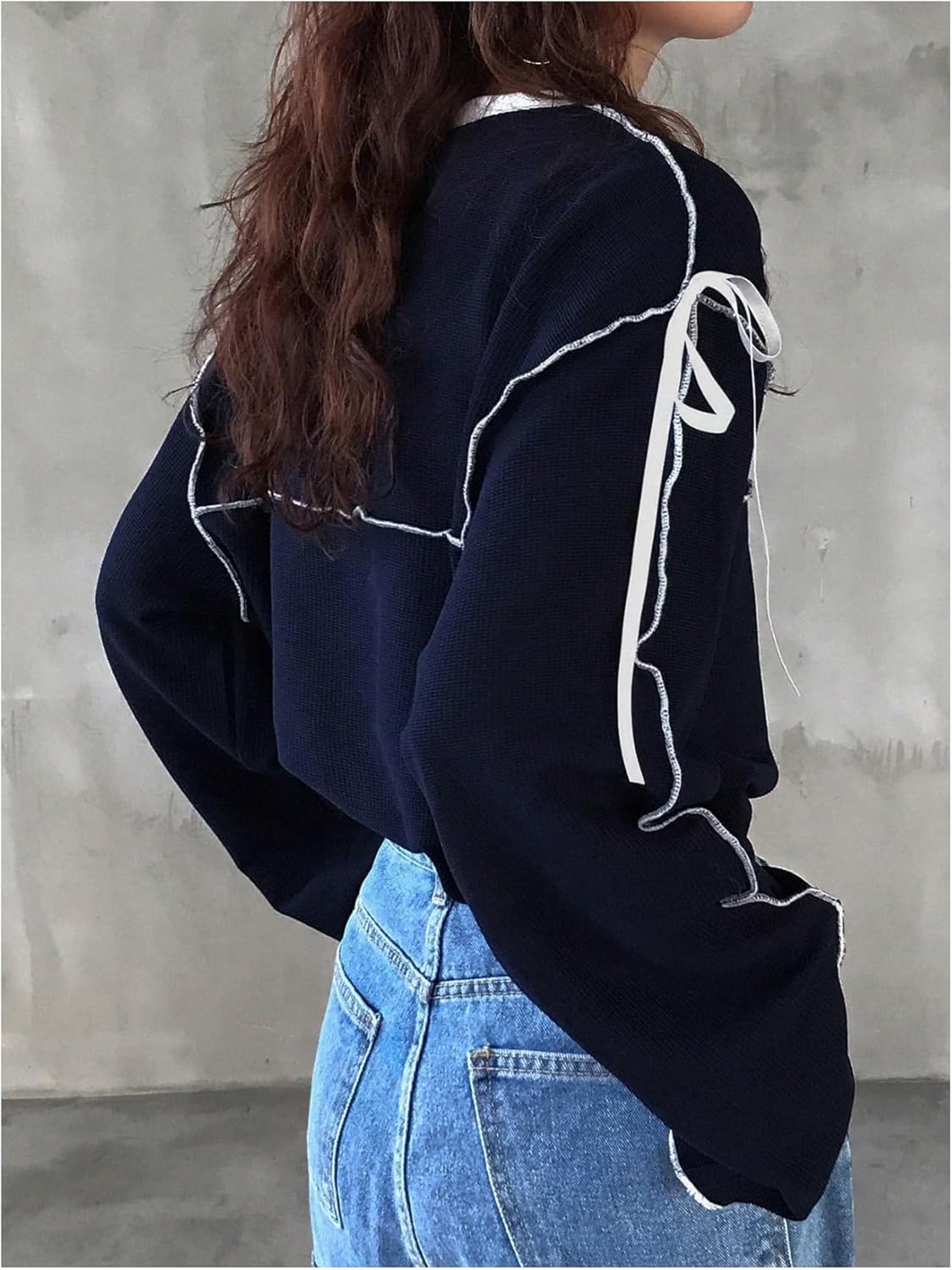 SweatyRocks Women's Oversized Bow Shirt Long Sleeve Crewneck Contrast Binding Sweatshirt - Image 3