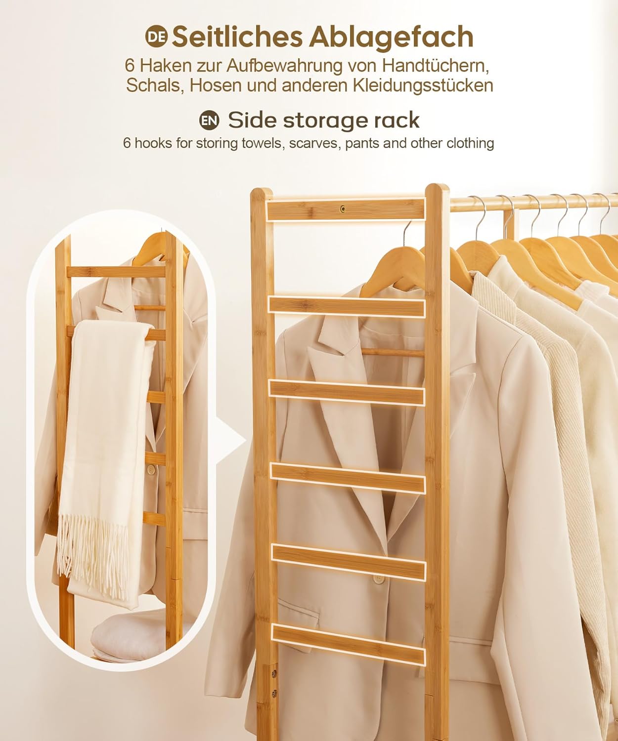 Close-up of the side storage rack with six hooks, demonstrating its use for hanging scarves and other items.