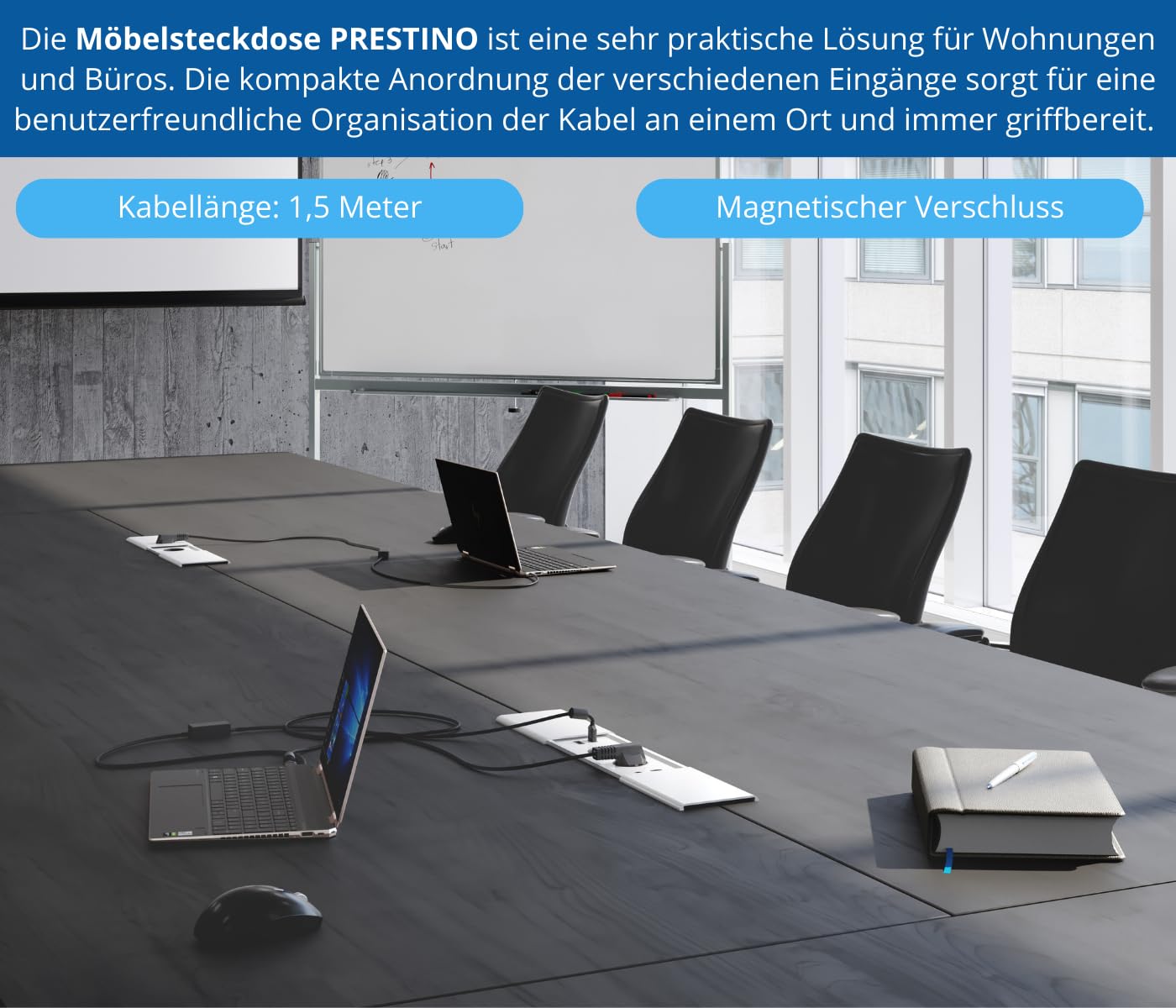 GTV - Gniazdo meblowe Prestino, 2 x gniazdko Schuko, 1 x USB A, 1 x USB C, 1 x RJ45 1 x HDMI, długość kabla 1,5 m, kolor czarny, do biurka, blatu stołu, kuchni i biura