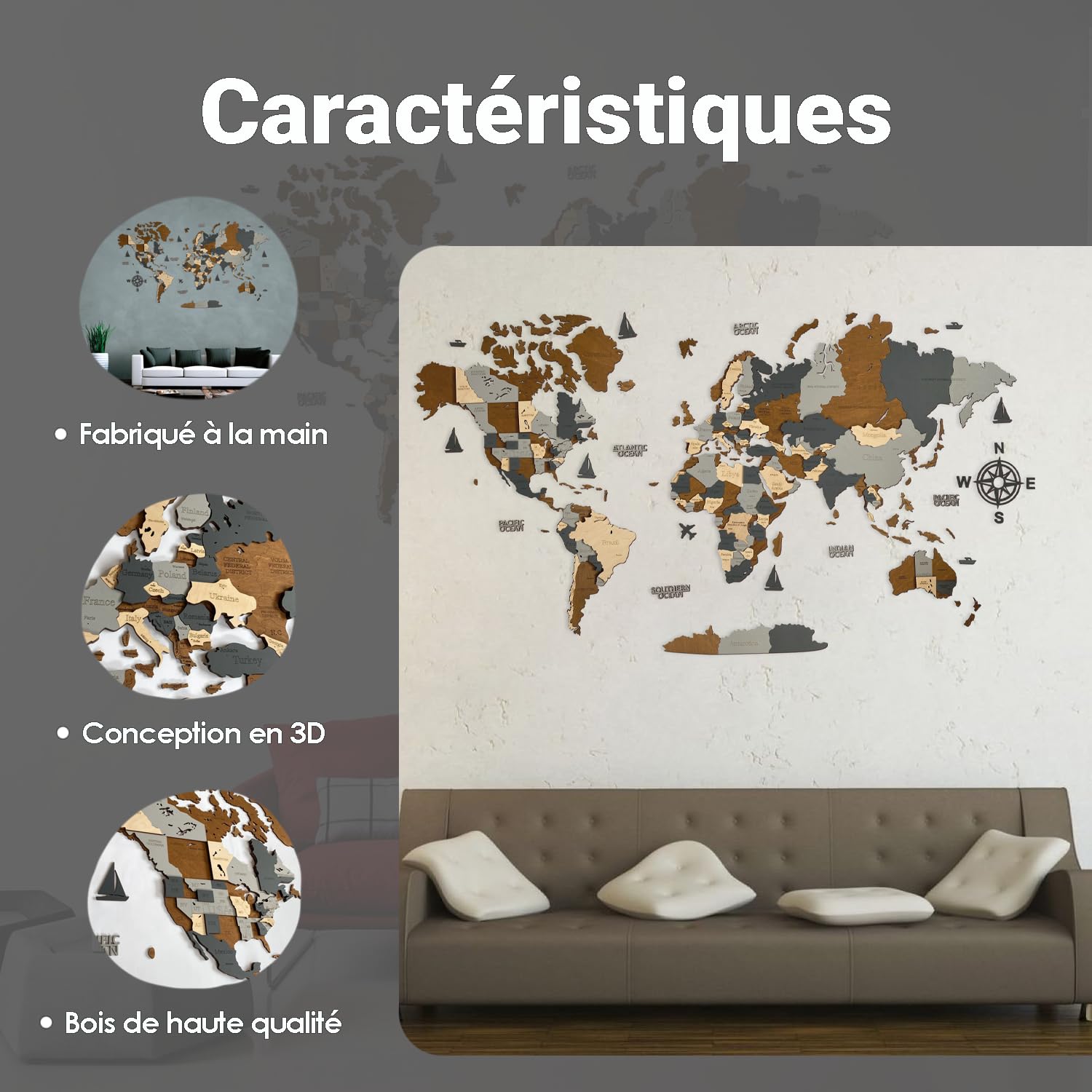 WoodLeo - Mapa del mundo de madera, diseño de pared en 3D, tamaño de la tarjeta (M, L, XL) para el hogar, la cocina o la oficina