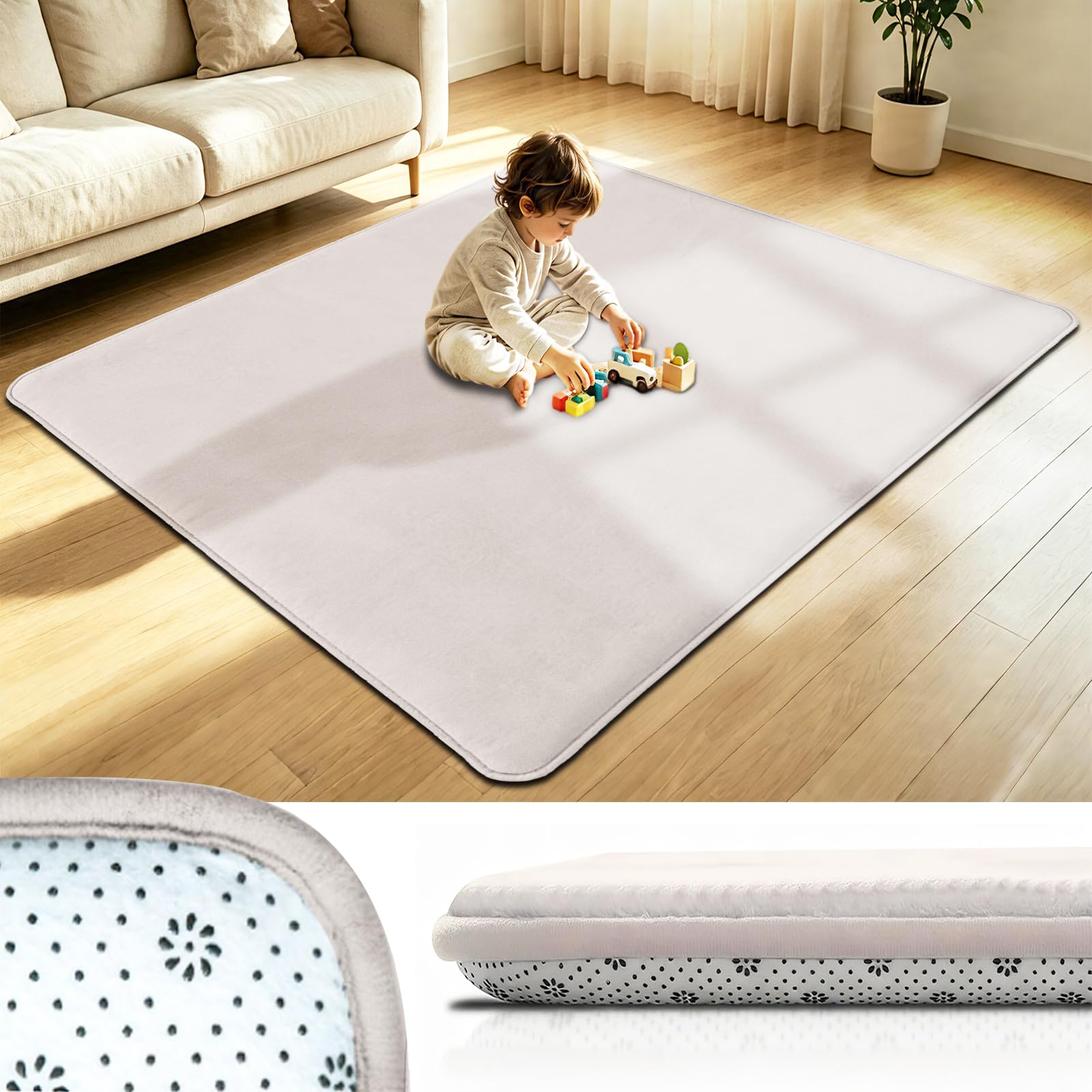 Krabbelmatte Baby 3cm Dicke Schaumstoff Spielmatte, 90 x 200 cm Teppich Kinderzimmer, Crème Teppich Kinder Spielmatte mit Rutschfester Unterseite, Teppich Baby für Kinder, Kinderteppich