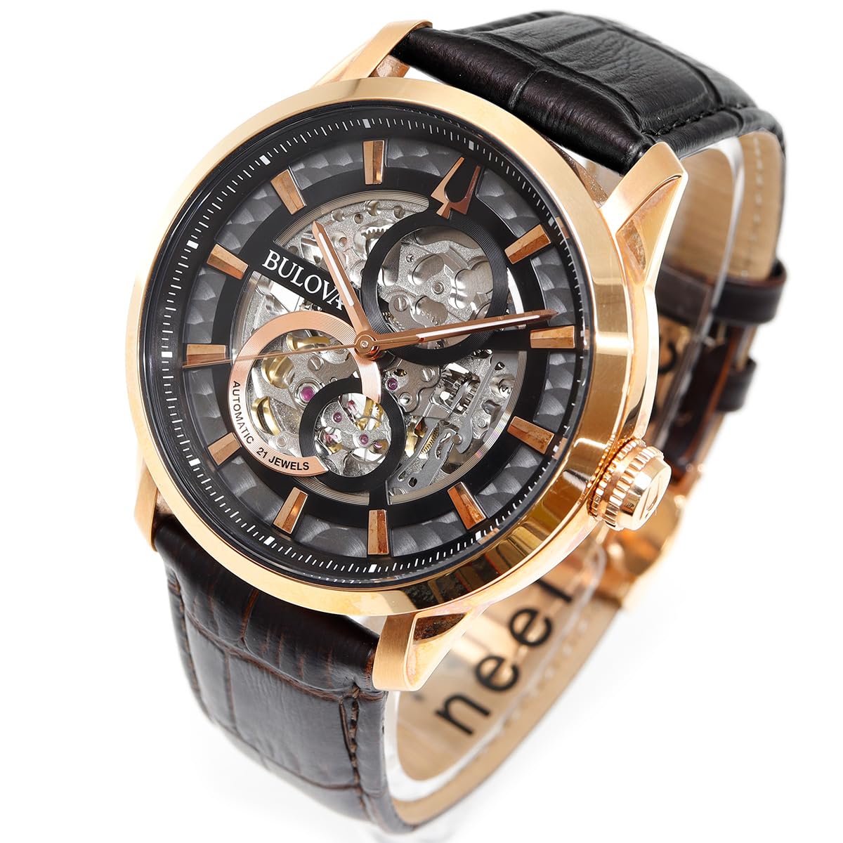 97A169 Men's Analogue Mechanical Watch with Leather Strap, Brown, Strap.