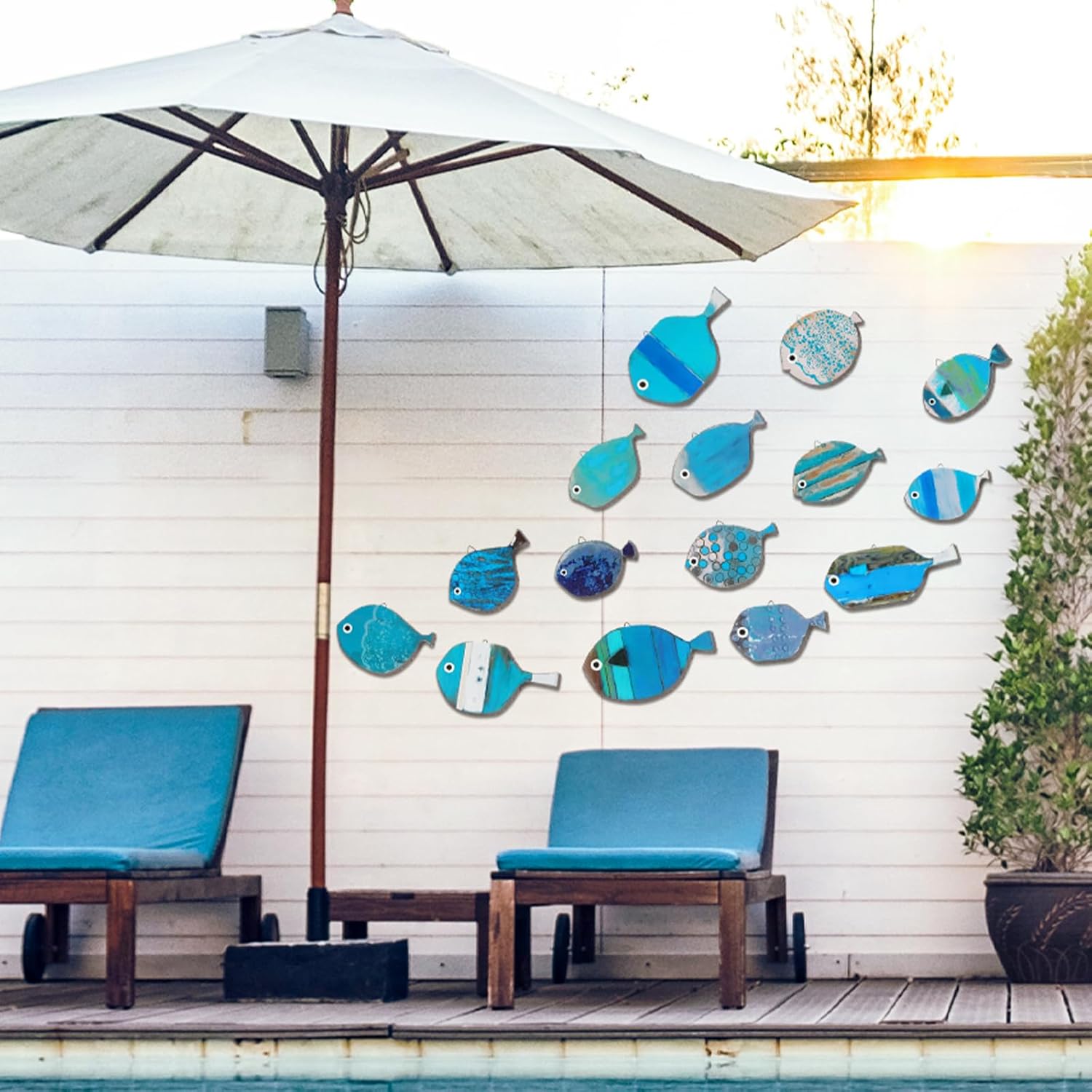 Spiareal 15 Pcs Wood Fish Nautical Wall Decor Wooden School of Fish Wall Art Rustic Hanging Beach Decor Ocean Coastal Theme Vintage Ornaments for Summer Home Lake House Bathroom Bedroom(Classic)
