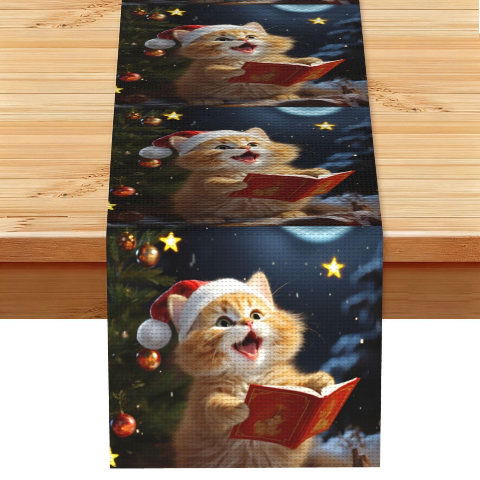 Cute Cat Sing Christmas Carols Table Runner 13 x 72 Inches Long, Cotton Linen Table Runners for Kitchen Dining Table Decoration - Washable Tablecloth Modern Tablerunner for Home Party Decor