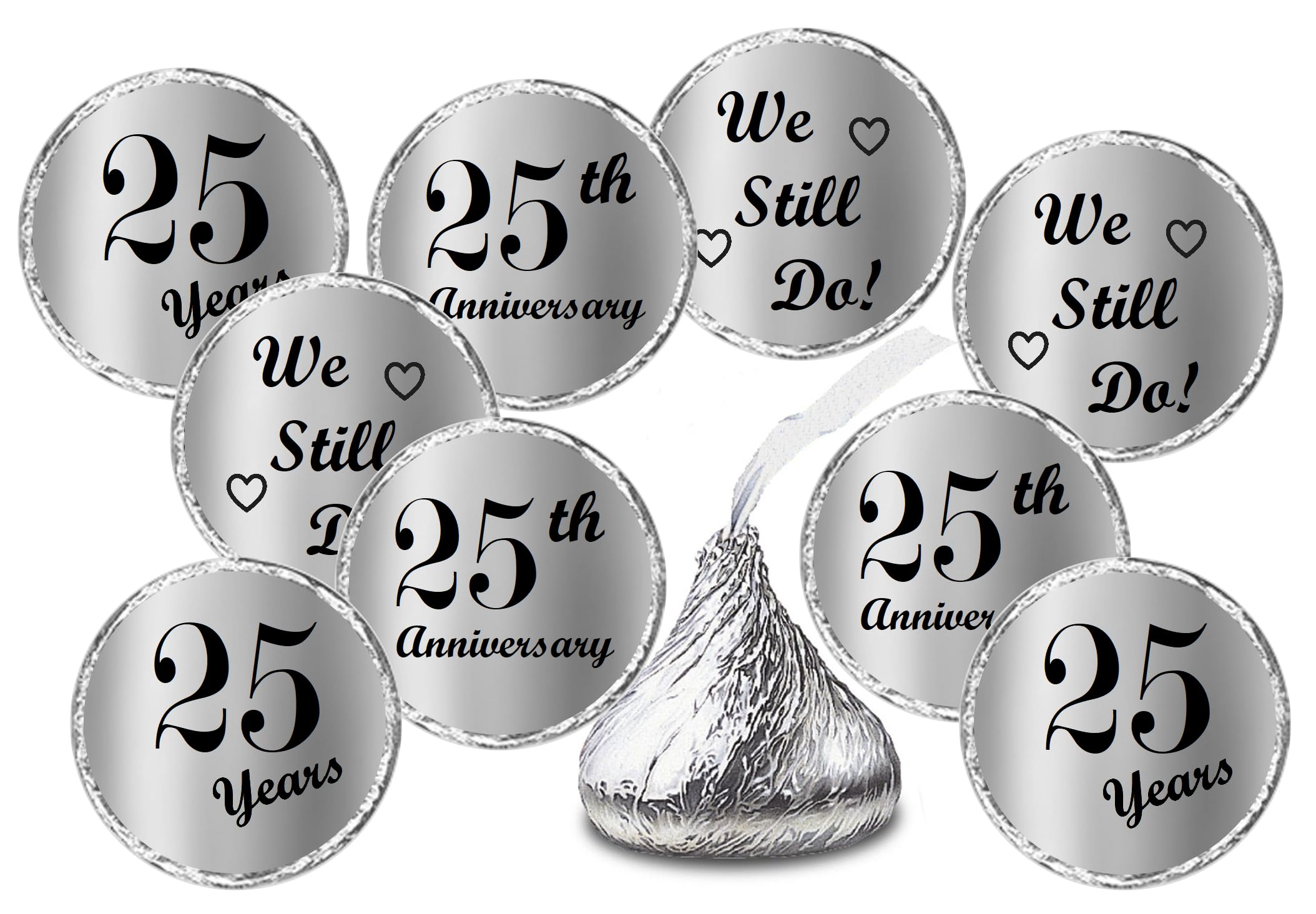 Autocollants 25e anniversaire mariage argent décoration fête pour chocolats et boîtes - 216 pcs