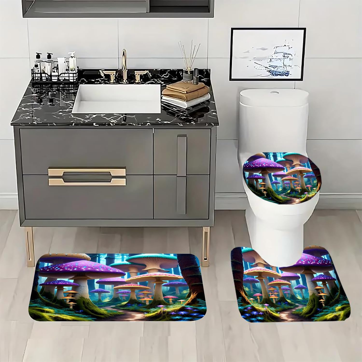 Forest Mushrooms Shower Curtains for Bathroom, Colorful Mushrooms Bathroom Set with Shower Curtain 72" x 72" Tall Dark Trees Lush Greenery Shower Curtain Sets with Rugs Toilet Lid Cover 4 Piece Set