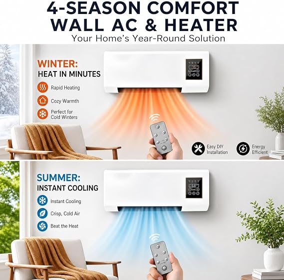 Portable Wall Mounted Air Conditioner Fan, 2-in-1 Cooling Air Conditioner and Heater Combo, Quiet Smart AC Unit with Remote & Timer for Bedroom, Garage, Basement, Office(White)
