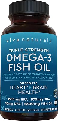 Viva Naturals Omega 3 Fish Oil Supplement for Women and Men - 2500 mg Triple Strength Fish Oil Pills with Re-Esterified Omega 3 Fatty Acids Including EPA, DHA DPA - 120 Pescatarian-Friendly Softgels