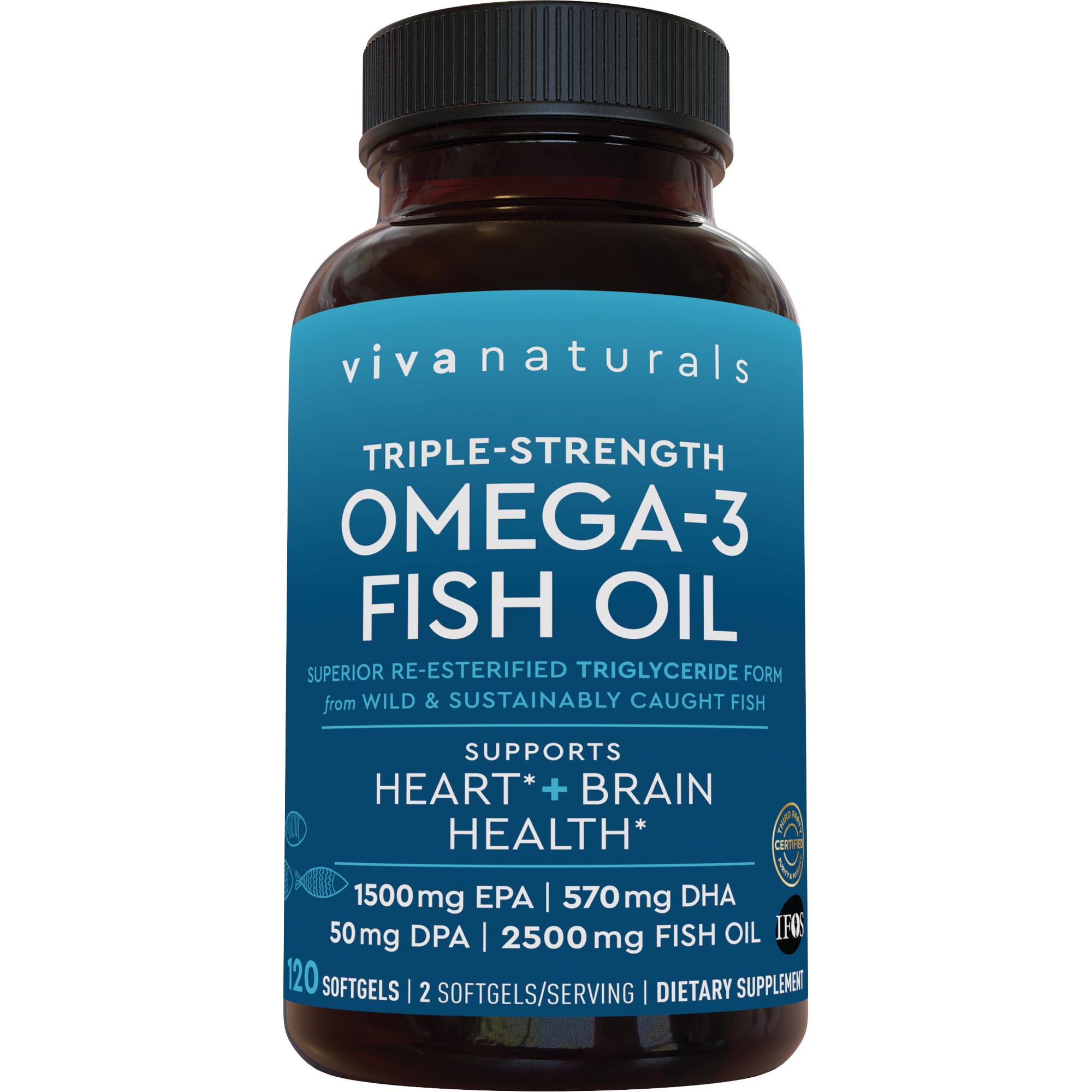 Viva Naturals Omega 3 Fish Oil Supplement for Women and Men - 2500 mg Triple Strength Fish Oil Pills with Re-Esterified Omega 3 Fatty Acids Including EPA, DHA DPA - 120 Pescatarian-Friendly Softgels