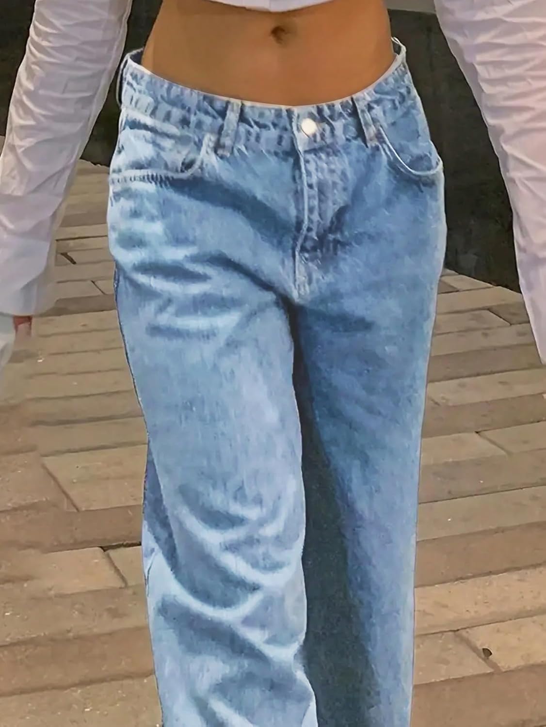 Straight Leg Jeans for Women Casual Washed Vintage Wide Fit Boyfriend Baggy Low Waisted Denim Pants with Snap-Button - Image 4