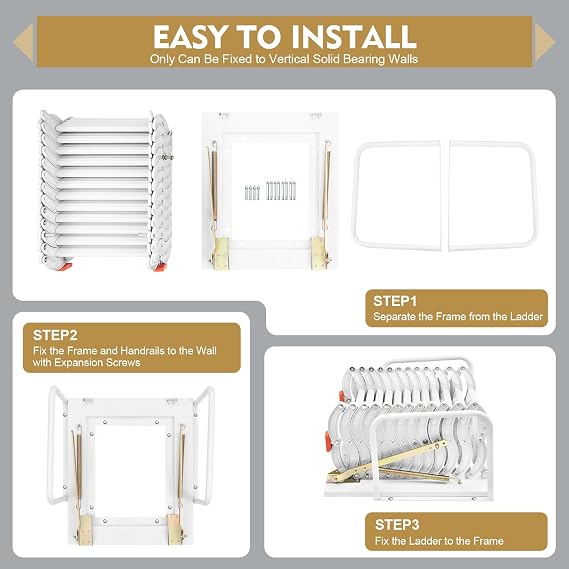 12 Step Ladder, Retractable Attic Ladder Al-Mg Alloy Loft Ladder Stairs Attic Steps with Armrests, Wall Mounted Folding Stairs for Attic and Cottage Tops, Capacity 880lb - White
