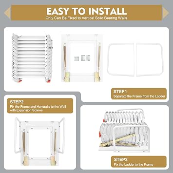 12 Step Ladder, Retractable Attic Ladder Al-Mg Alloy Loft Ladder Stairs Attic Steps with Armrests, Wall Mounted Folding Stairs for Attic and Cottage Tops, Capacity 880lb - White