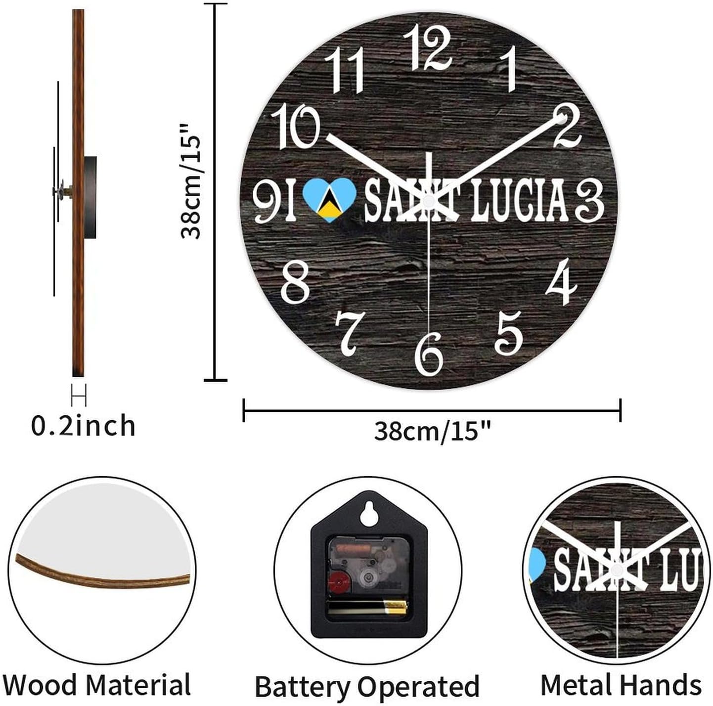 I Love Saint Lucia Wooden Wall Clock Flag of Saint Lucia Hanging Wall Clock Battery Operated Non-Ticking Sweep 15 Inch Rustic Chic Farmhouse Wall Clock for Wall Laundry