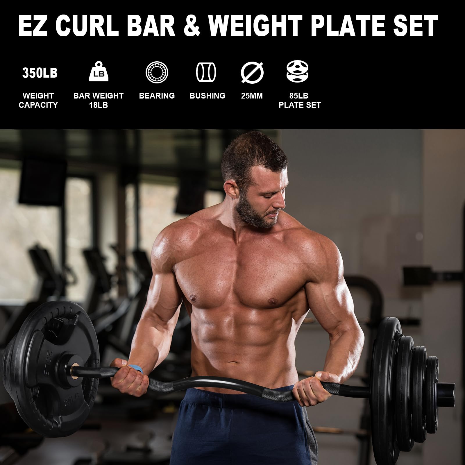 LIONSCOOL Black EZ Curl Bar with 85lb Weight Plate Set and Barbell Clamps