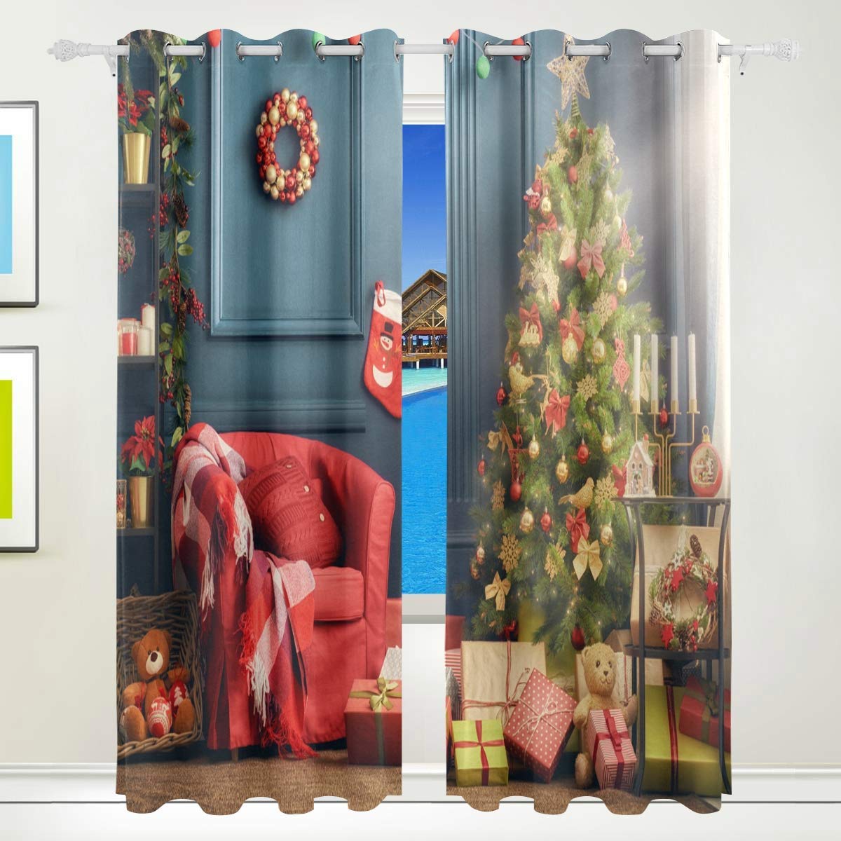 Amazon Co Jp 遮光カーテン2枚のパネルのクリスマスツリーソックスギフト絶縁窓カーテンハトメベッドルームリビングルームのためのドアドレープ 72x55で Size 84x55 Inch Home Kitchen