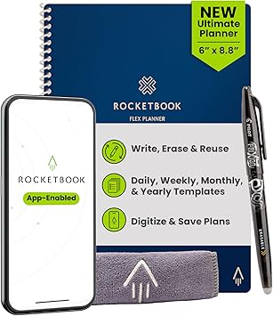 Rocketbook Flex Reusable Planner, Smart Undated, Daily, Weekly, Monthly, Annual Calendar Templates, Executive Size 6X8.8, Navy Blue Pack of 1