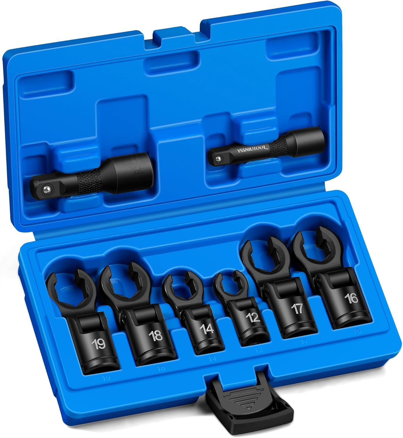 8pc 3/8" and 1/2" Flex Head Crows Flare Nut Wrench Socket Foot Line Wrench kit Set Flex Injector Fuel Line Crowfoot Flare Nut Size 12 14 16 17 18 19 mm Extension Bar