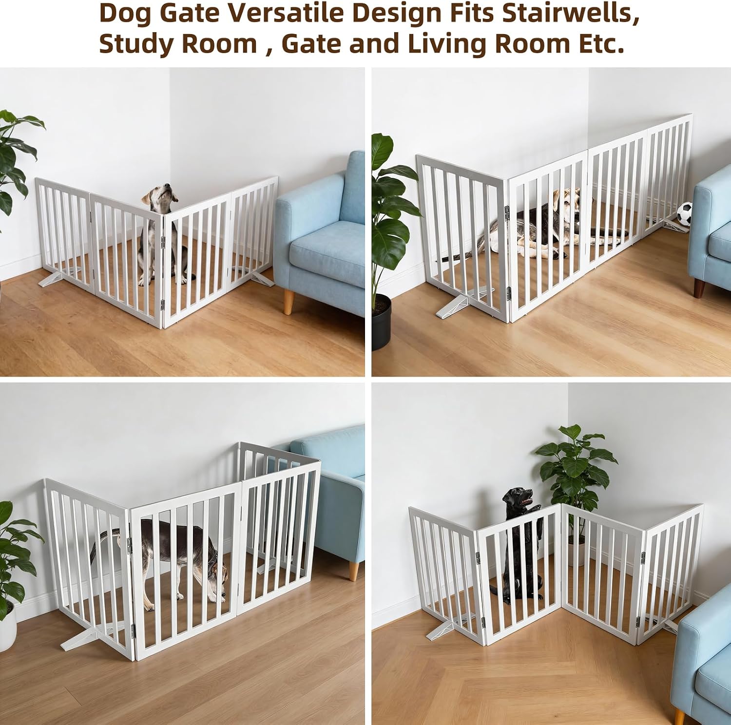 Dog Gate Indoor, Freestanding Dog Fence for The House, Doorways, Hallways,or Stairs,Pet Gate Foldable Wooden,Expandable 24" Height 4 Panels,White