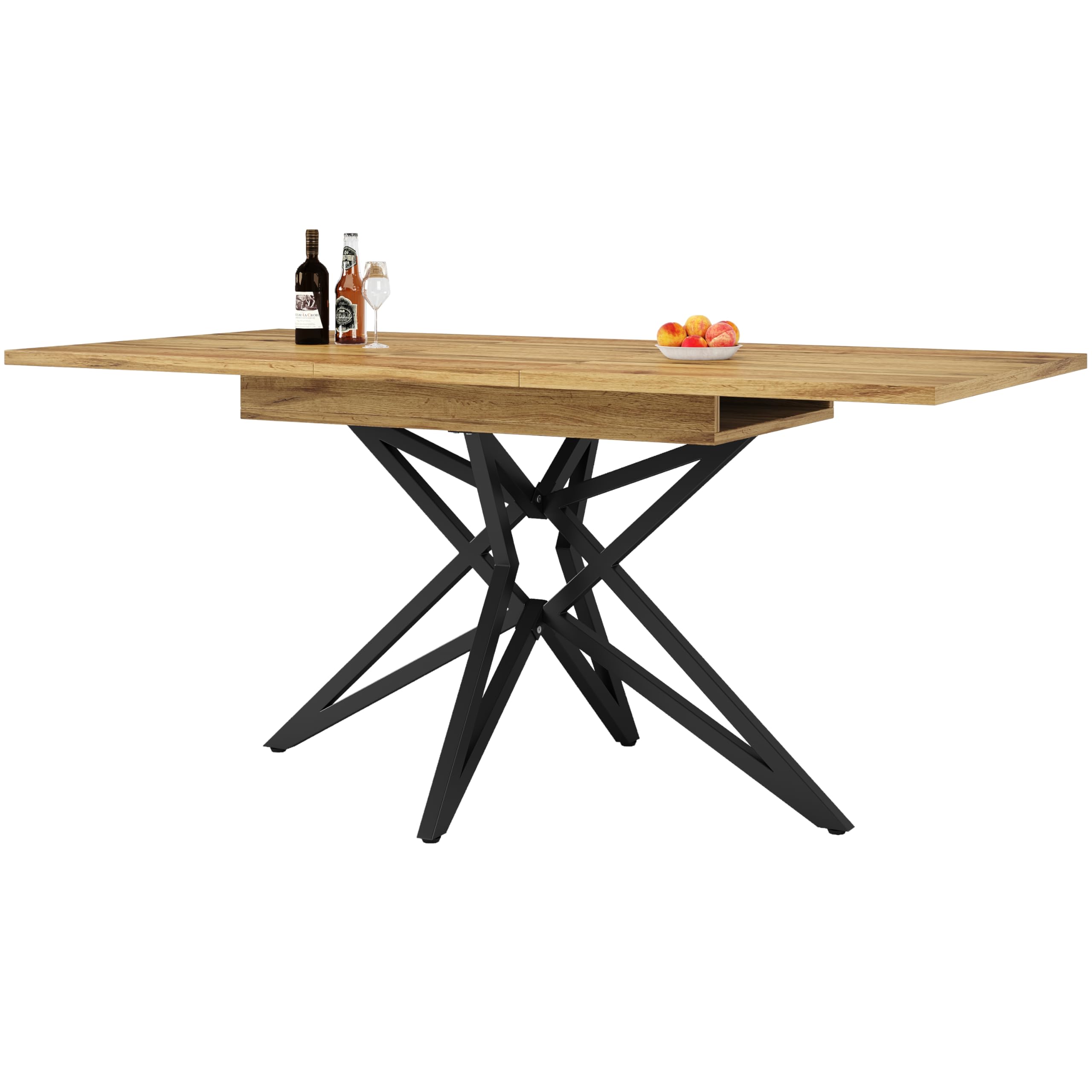 Generisch Tavolo da pranzo allungabile, 120 (160) x 80 x 66,1 cm, tavolo da cucina per la colazione, con piano in legno di noce/marmo, gambe in metallo nero a forma di stella, portata fino a 60 kg