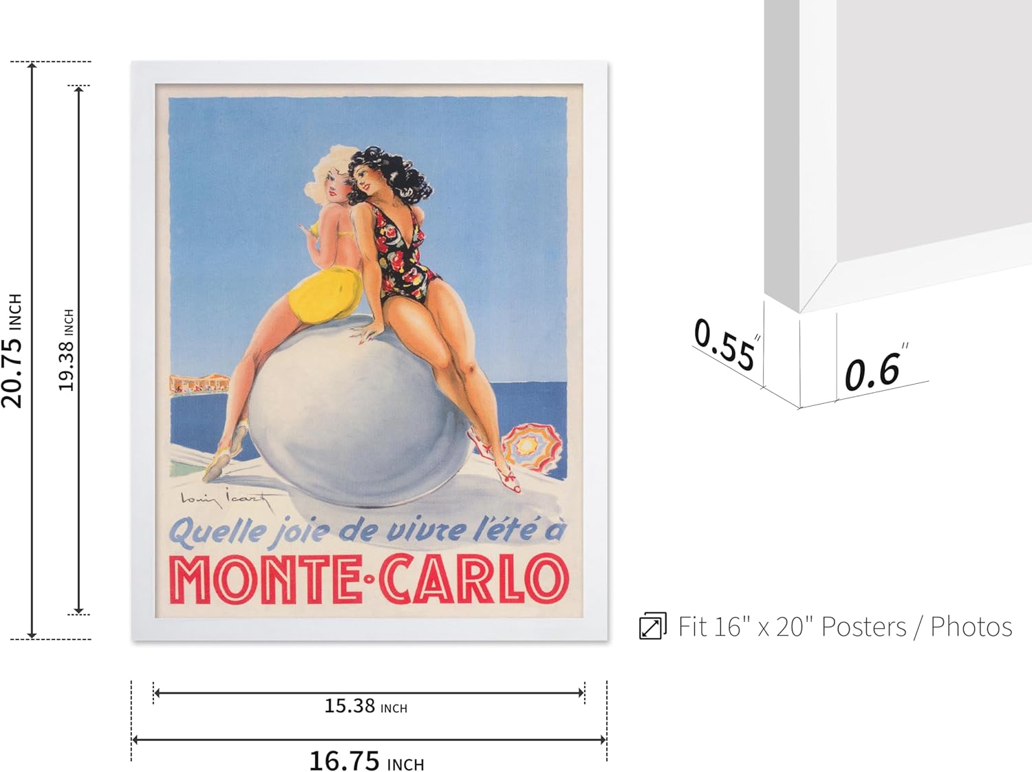 Poster Master Travel Poster - Vintage Monte Carlo Print - Unique Wall Decor for Home, Living Room, Kitchen, Office, Bedroom, Bathroom - Vintage Travel Poster, 16x20 White Framed