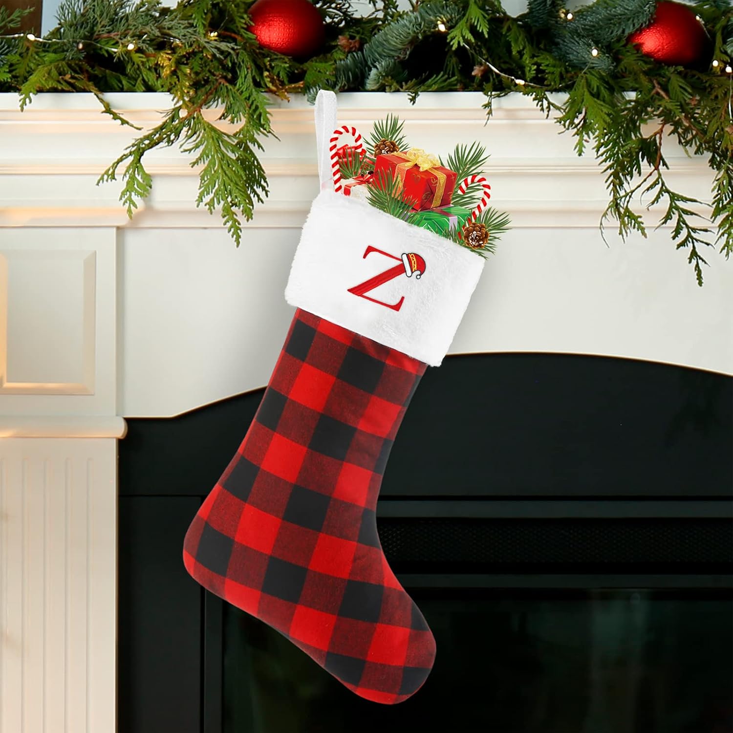 Senneny Christmas Stockings with Initials, 20 Inch Large Red Black Buffalo Plaid Monogram Xmas Stockings with White Plush Faux Fur Cuff, Christmas Decorations for Family Holiday Party, Letter D