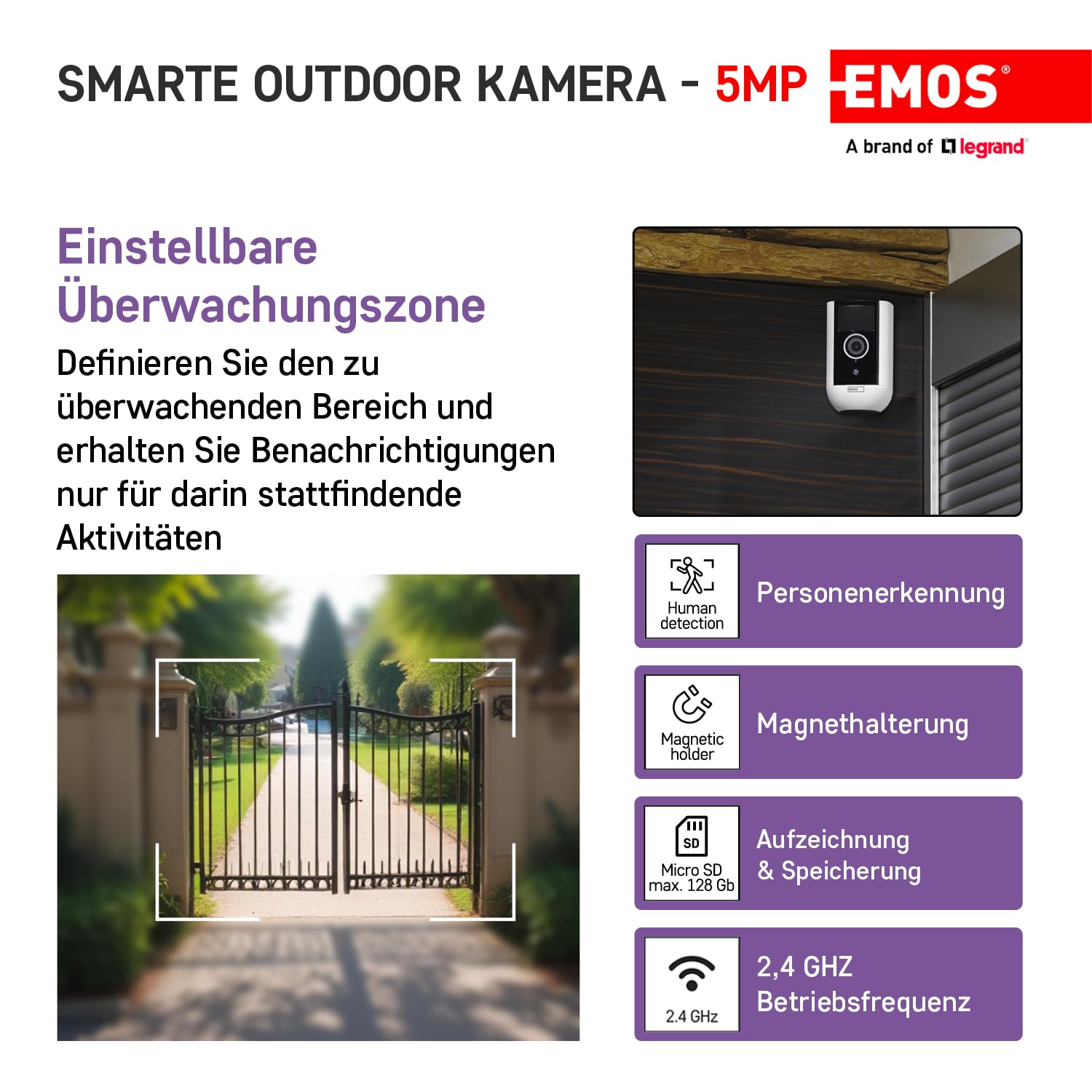 EMOS GoSmart - Smart Home Outdoor Überwachungskamera - 5MP Rotierende WLAN IP Kamera mit App - Bewegungserkennung, Sirene, Nachtsicht - TUYA, LIDL und Smart Life kompatibel - wasserdicht - weiß