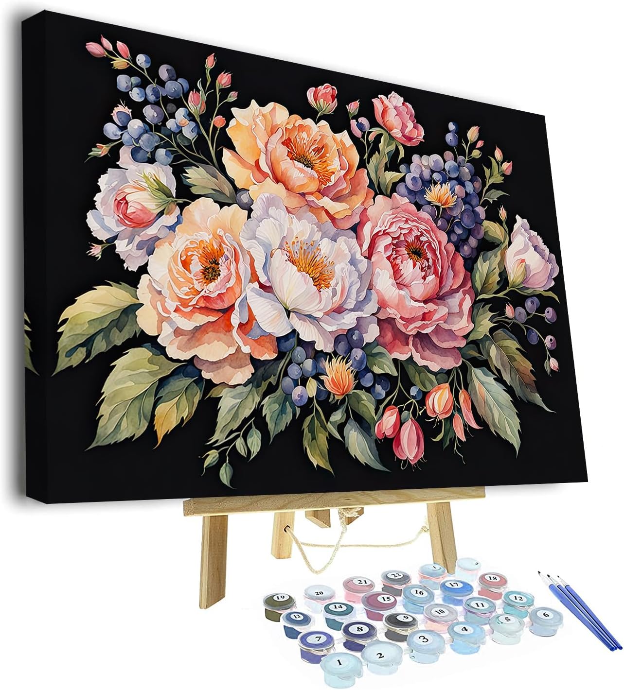 Pink Roses FlowersPaint by Numbers, Colorful Floral Paint by Number for Adults Beginners, with Frame Paint by Numbers Kits on Canvas, DIY Oil Painting Acrylic Paints for Home Wall Art Decor 12x16inch