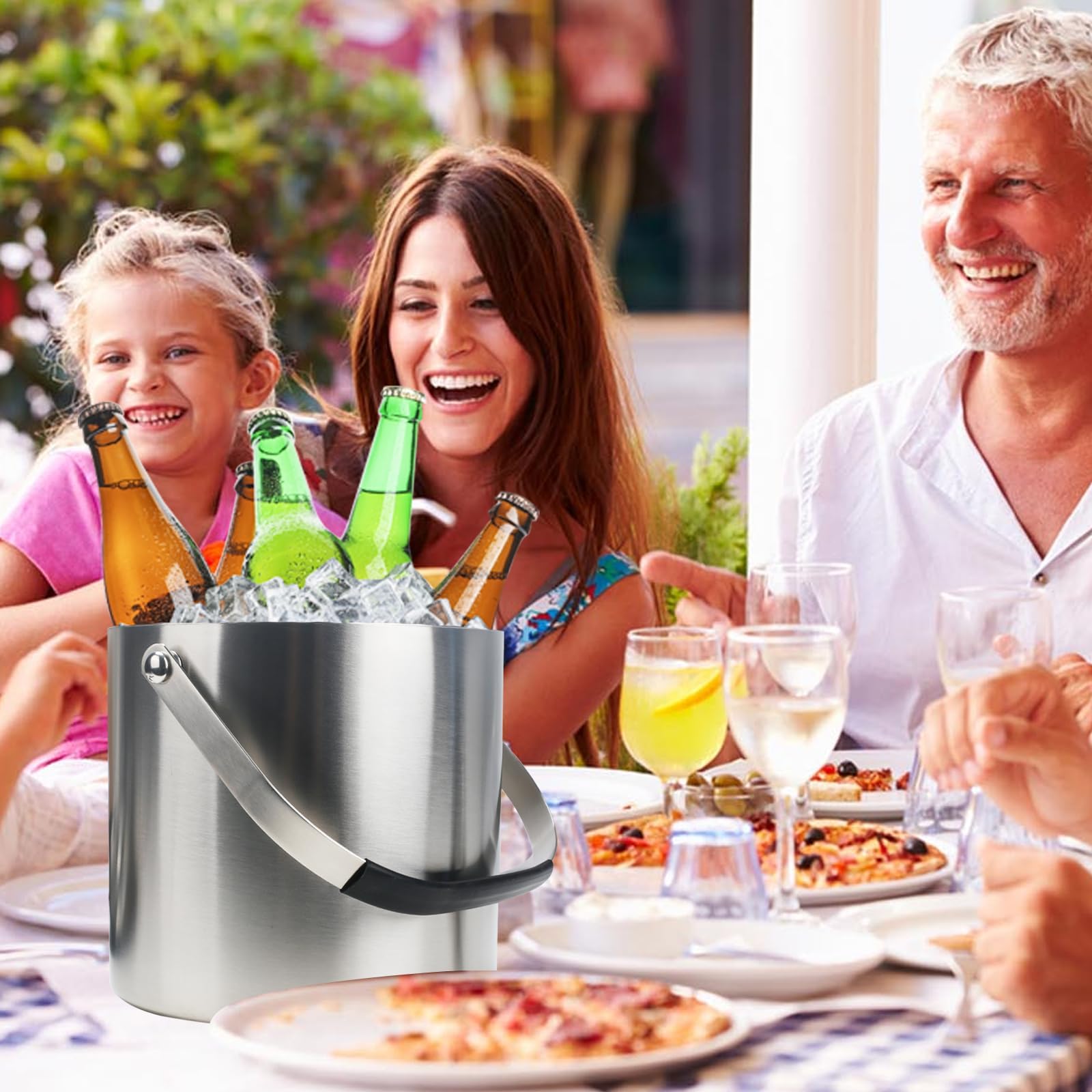 3L seau a glacon seau a champagne sceaux à glace et rafraîchisseur Double Paroi seau à glaçons isotherme en Acier Inoxydable avec Couvercle Pince Pelle cubes de glace et passoire