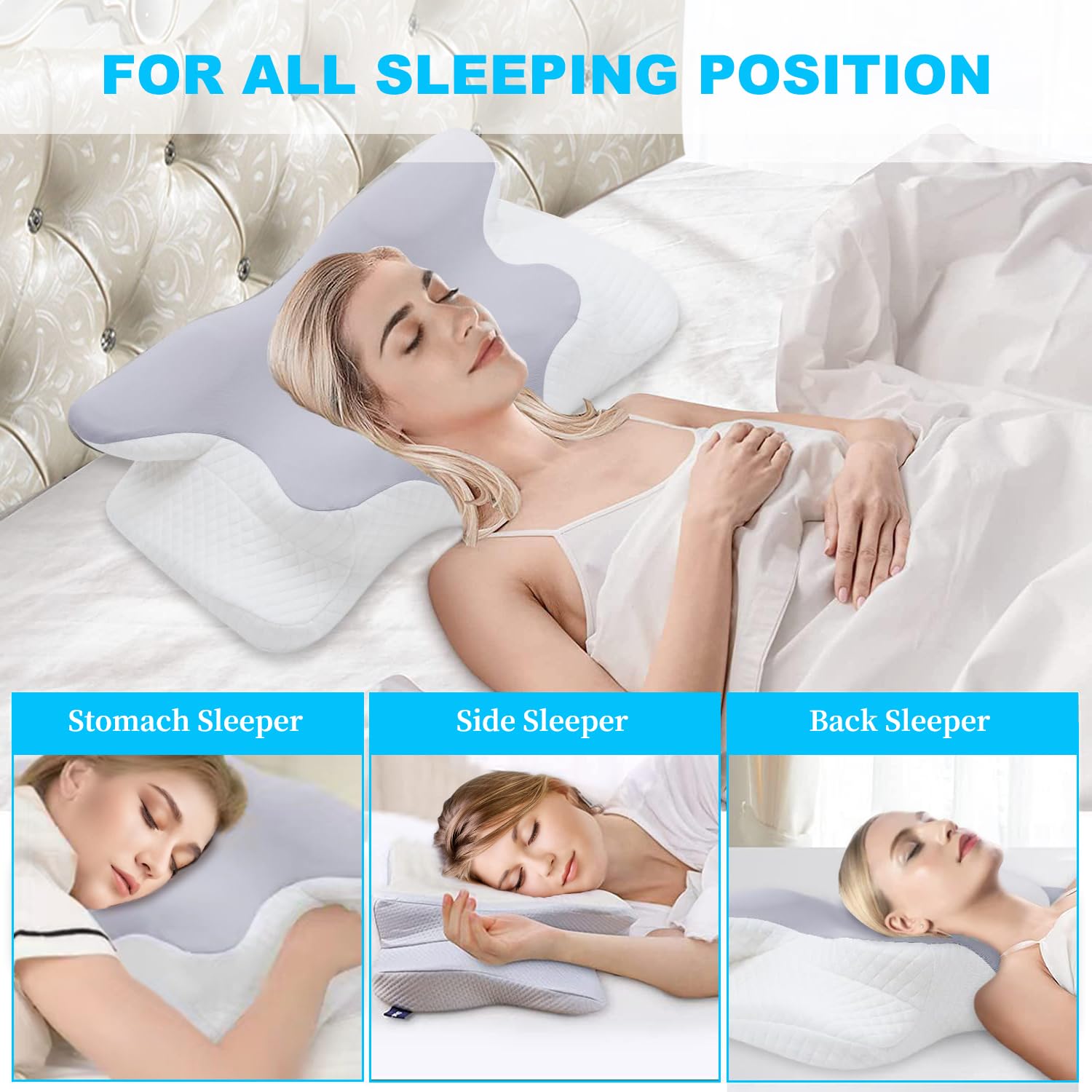 Almohada cervical para cuello y hombro, almohada de espuma viscoelástica, almohada ortopédica ergonómica mejorada para dormir boca abajo, almohada de cama de contorno premium con funda lavable