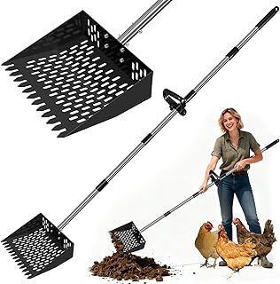 Chicken Poop Scooper & Rake 2-in-1,Metal Chicken Coop Scoop for Chicken Coop with 23 to 76" Adjustable Stainless Steel Handle for Chicken Sand,Litter Sifting Shovel for Pet Waste Cleaning,Animal Farm