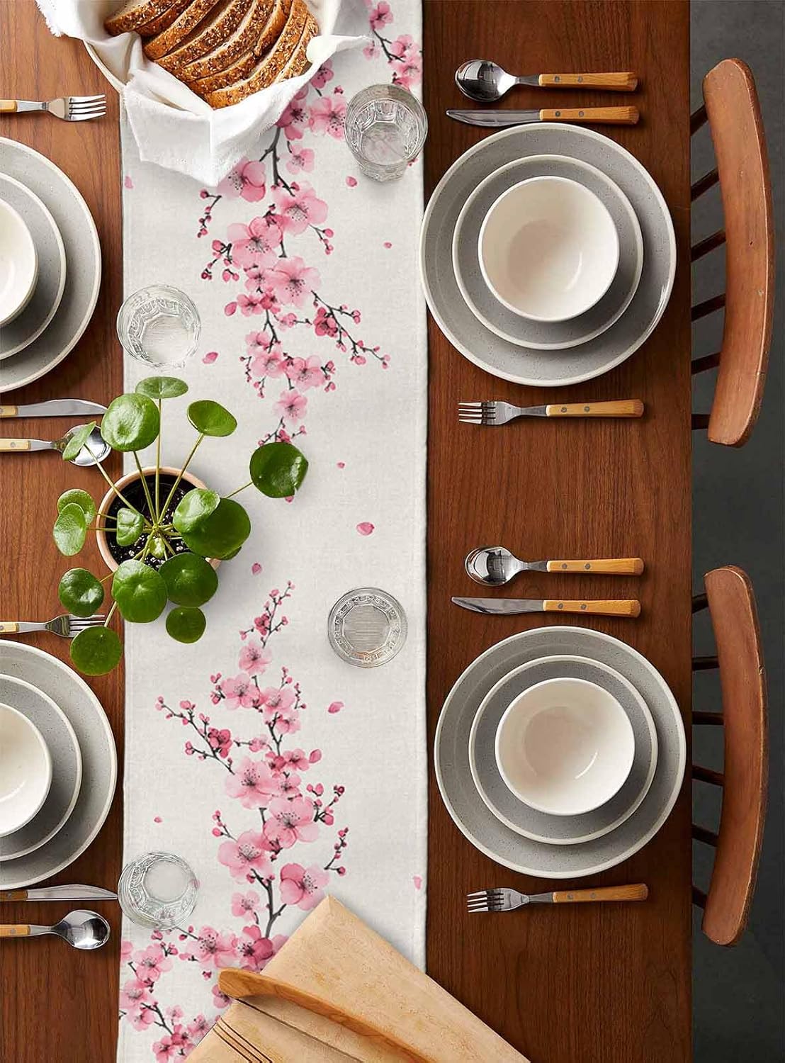 Cherry Blossom Table Runner 108 Inches Long Cotton Linen Kitchen Dinner Table Runners, Burlap Tablerunner for Dresser/Dining/Party/Wedding Pink Asian Japanese Burlap Beige