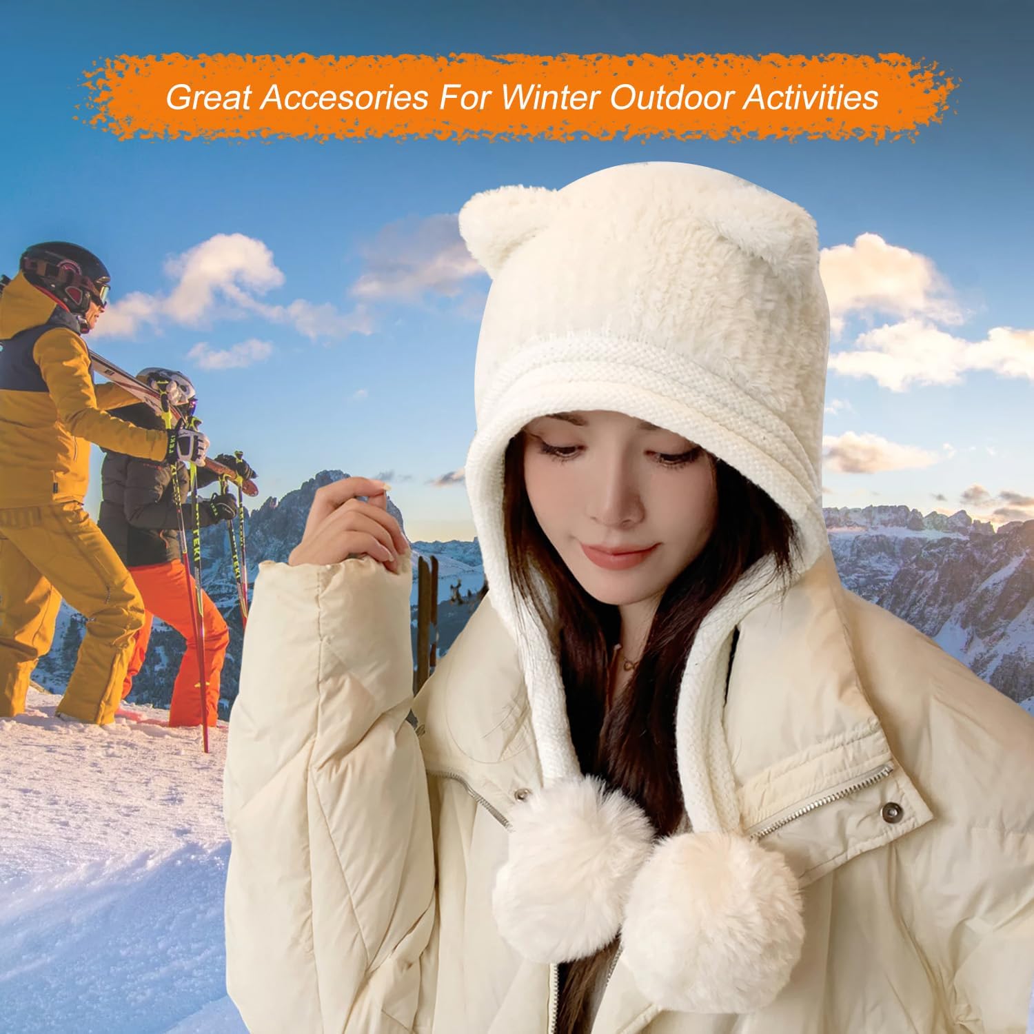 HUAMULAN Women Winter Sherpa Beanie Hats Knit Ear Flaps Peruvian Cover Ears Fleece Lined Ski Snow Hat Pompoms - Image 6