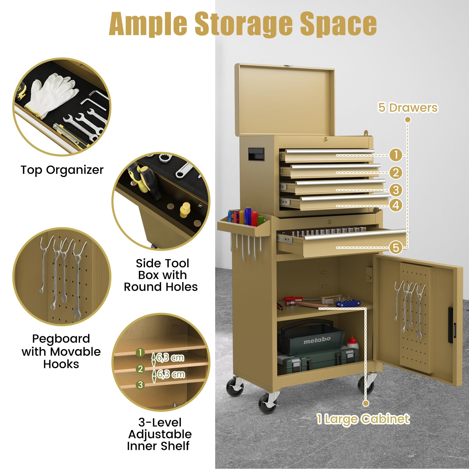 SOARS Carrello Porta Attrezzi con Ruote, 5 Scomparti, 2 Ripiani, Porta Attrezzi da Lavoro Rimovibile & Carrello Inferiore, Bloccabile, 59 X 28 X 102 CM, per Garage, Officina, Casa (Giallo)