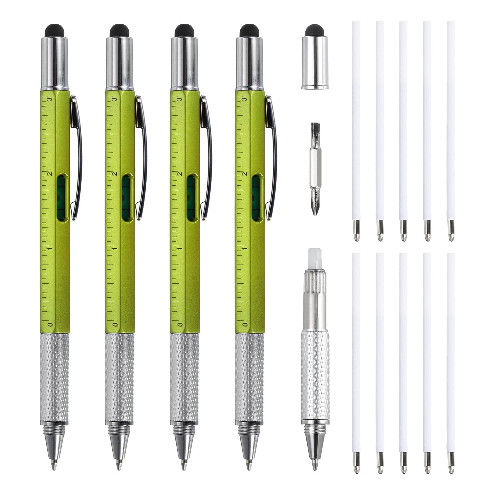 MECCANIXITY 4pcs 6 in 1 Multitool Tech Tool Pen Gifts for Men with Ballpoint Pen, Ruler, Screwdriver, Stylus, Level Gauge, Refills for Christmas